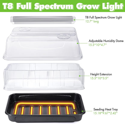 Saillong Seed Starter Tray with T8 Grow Light, Seedling Heat Tray with 15'' x 8.2'' Adjustable Height Humidity Domes, Plant Germination Propagation Kit for Planting Seeds, Mini Greenhouse Indoor