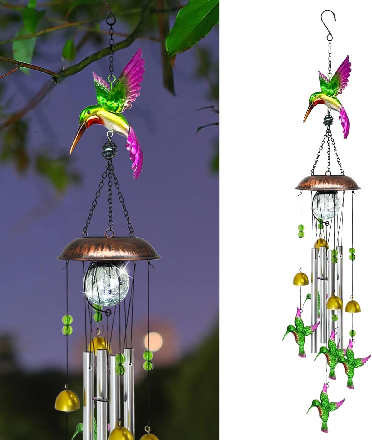 Solar Wind Chimes for Outside, 33.5 Inch Hummingbird Wind Chimes Outdoors with Crackled Glass Ball Decorative Hanging in Garden, Yard, Patio