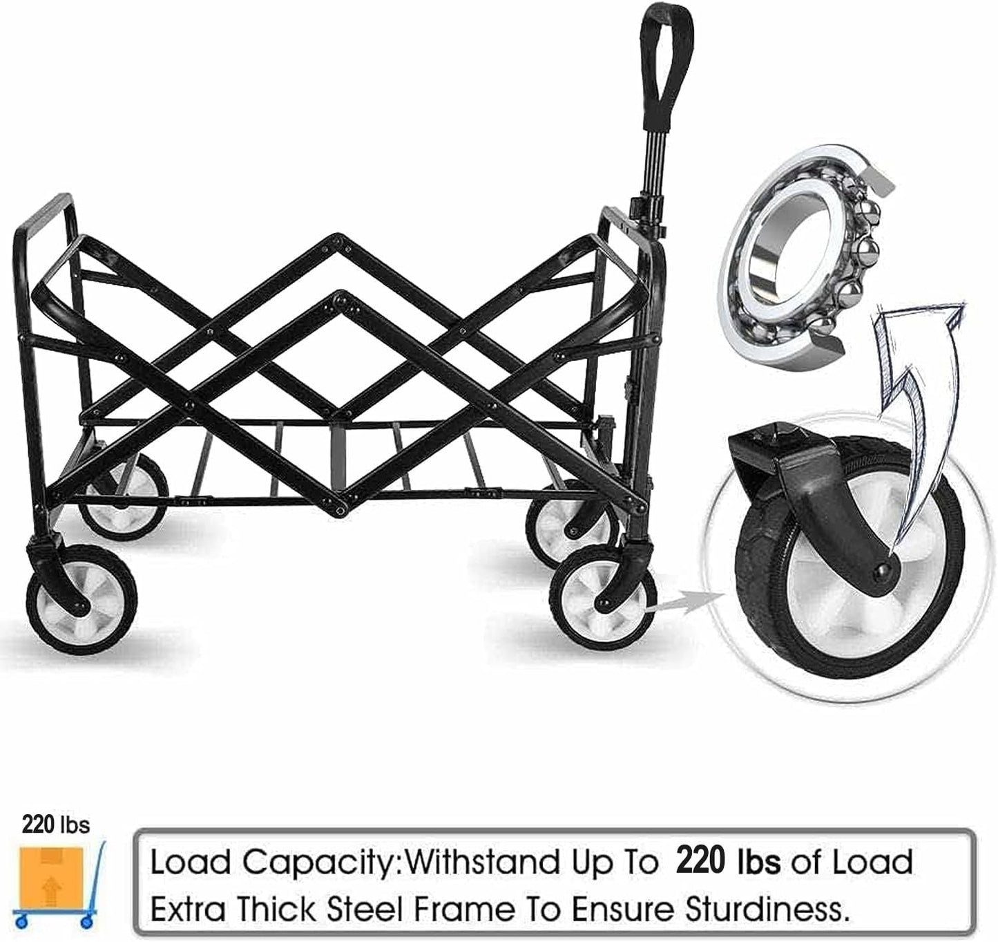 Beach Cart Large Capacity, Heavy Duty Folding Wagon Portable, Collapsible Wagon for Sports, Shopping, Camping Collapsible Foldable cart(220 LBS Capacity)