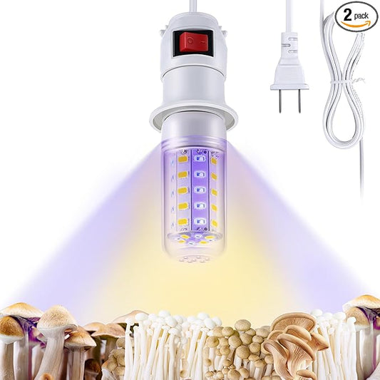 Meonum 2 Pack LED Mushroom Grow Light, Dual Spectrum Grow Light with 4.9 ft Extension Cord, 360° Hanging Mushroom Growing Lamp with White Blue LEDs for Indoor Plants
