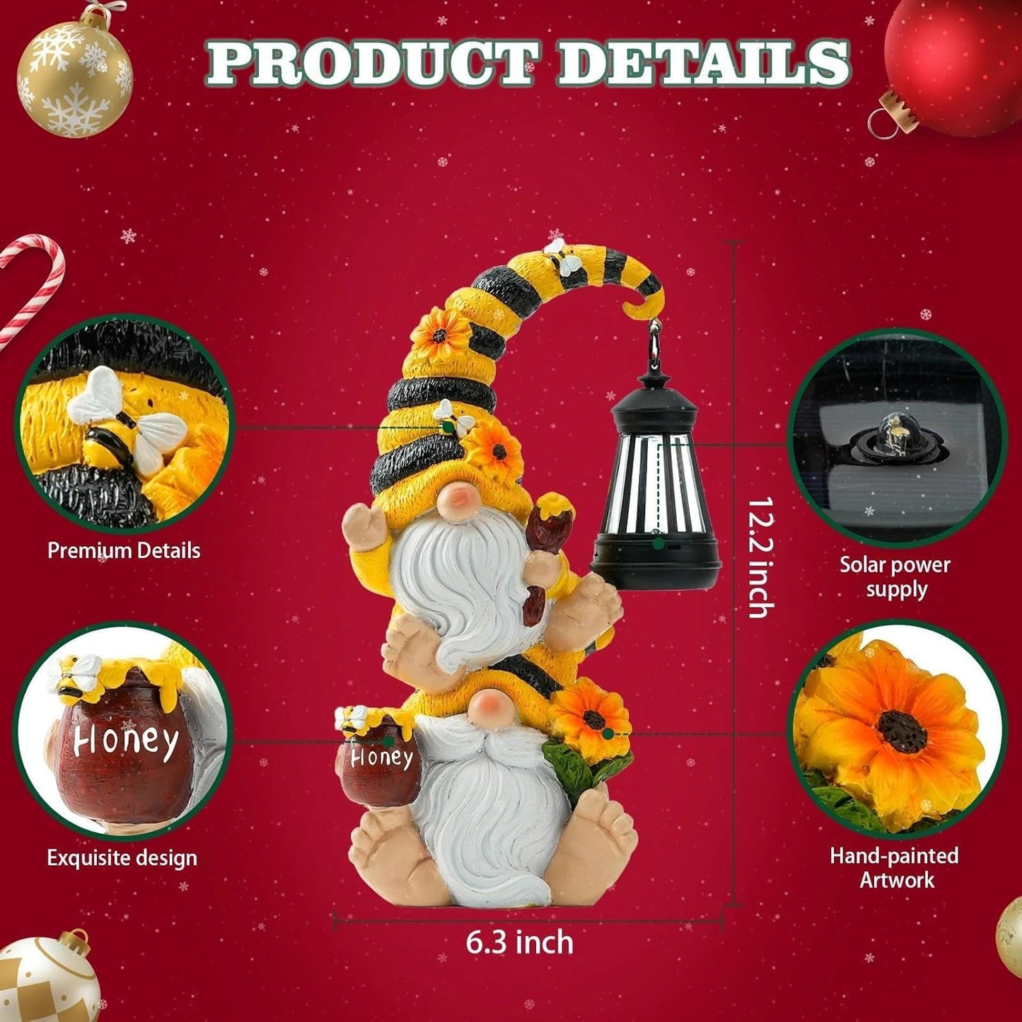 Solar Bee Garden Gnomes with LED Lantern – Waterproof Stacked Outdoor Decor for Yard, Patio – Unique Gnome Gift for Women, Mom, Grandma (Christmas Decor, Outdoor Statues)