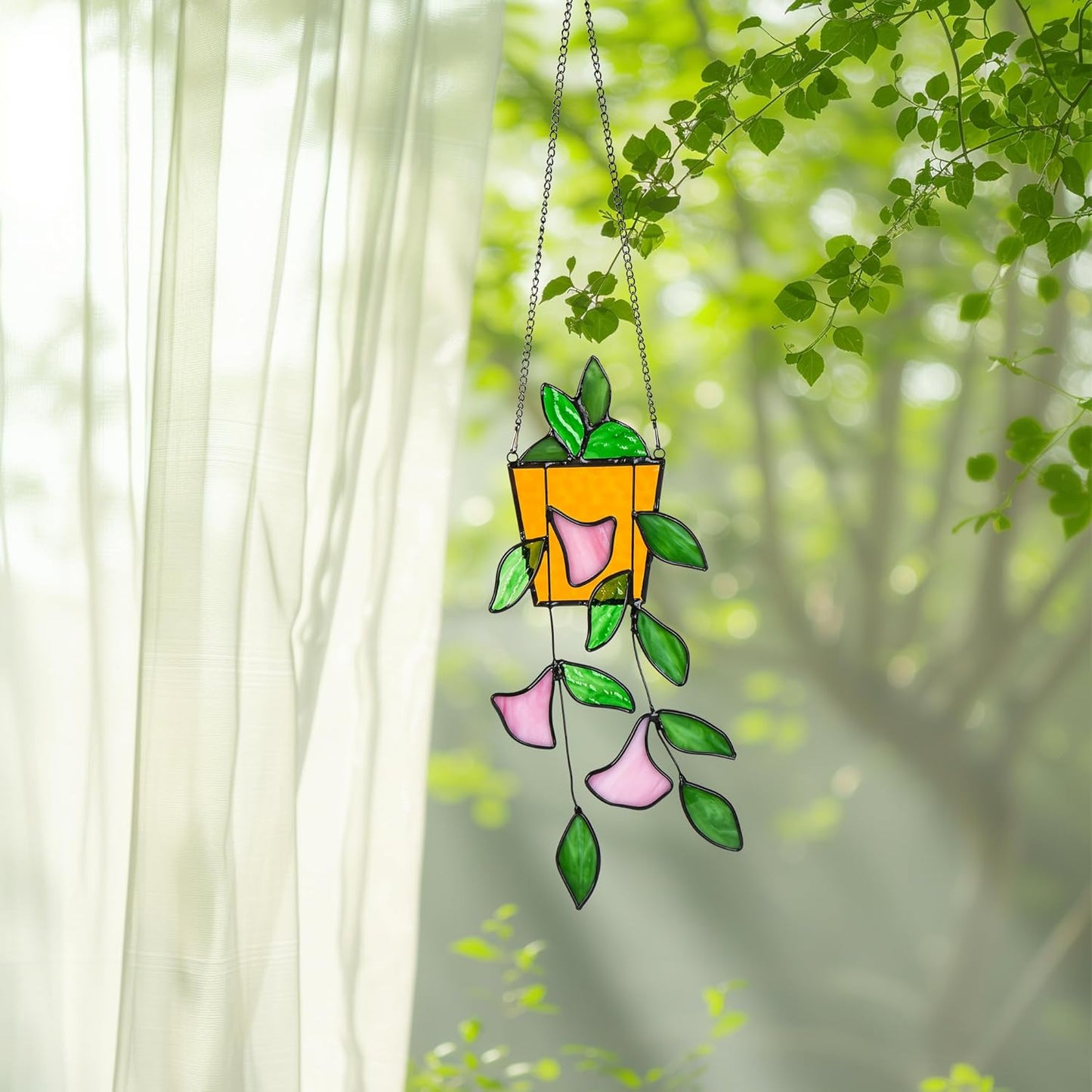 Plant Stained Glass Window Hanging, Green Leaf Morning Glory Stained Glass Suncatchers Plant Suncatchers Hanging Ornament Plant Gift for Plant Lovers