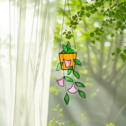 Plant Stained Glass Window Hanging, Green Leaf Morning Glory Stained Glass Suncatchers Plant Suncatchers Hanging Ornament Plant Gift for Plant Lovers