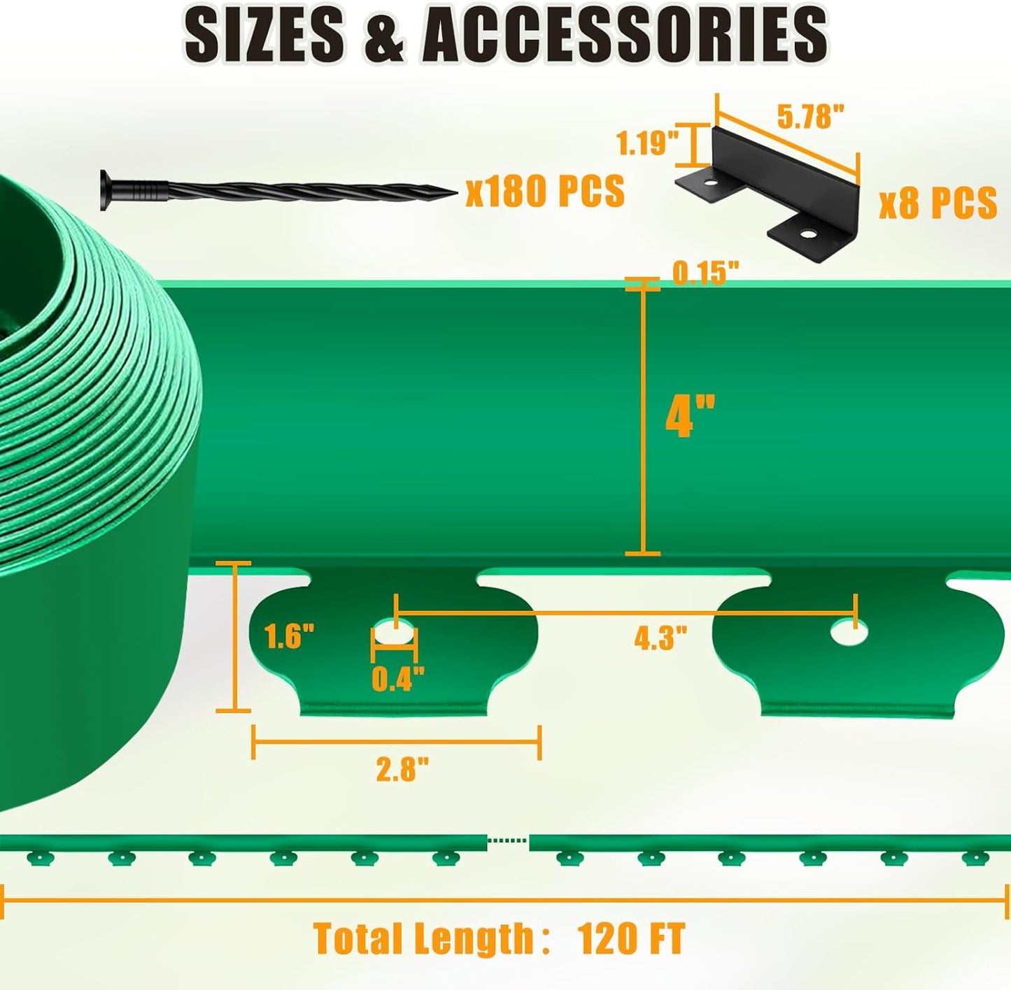 Landscape Edging Border - 4” x 120’ Tall Edging for Landscaping with 60 Stakes, 0.15" Thick No Dig Lawn Edging for Garden Border, Flexible Flower Bed Edging Borders for Yard, Terrace Board