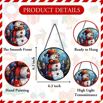 Snowman Stained Glass Window Hanging, Snowman Suncatcher Panel for Indoor Outdoor, Xmas Glass Hanging Ornament for Wall, Balcony, Porch Décor, Christmas Party Decoration Gifts for Boys Girls, Family