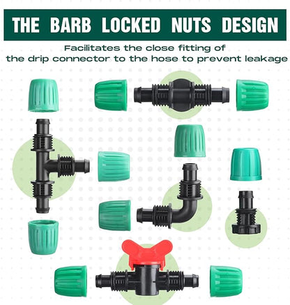 32 Pcs 1/2" Tubing Irrigation Fittings Kit 1/2" ID x 0.6-0.63" OD 16 mm Drip Irrigation Barbed Connectors 4 Switch Valves, 8 Tees, 8 Couplings, 4 Elbows, 4 Ends, 4 Adapters (Green, Black)