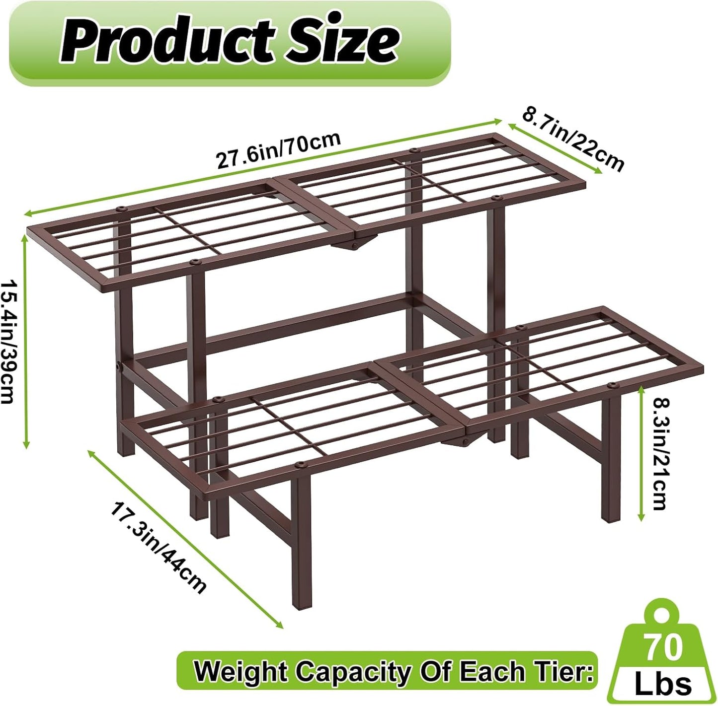 Plant Stand Indoor Outdoor, 2-Tier Foldable Metal Ladder Plant Stands, Stackable Metal Plant Shelf Decorative Flower Pot Holder Display Rack for Garden Living Room Patio,Brown