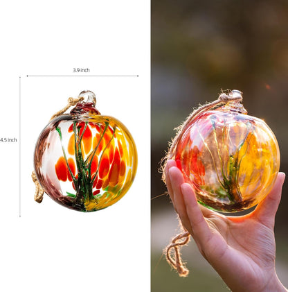 4” Tree of Life Witch Balls, Gazing Balls Hanging Friendship Balls, Hand-Blown Glass Christmas Ornament for Window Outdoor Home Decor, Garden Decoration, Gifts for Women (Yellow