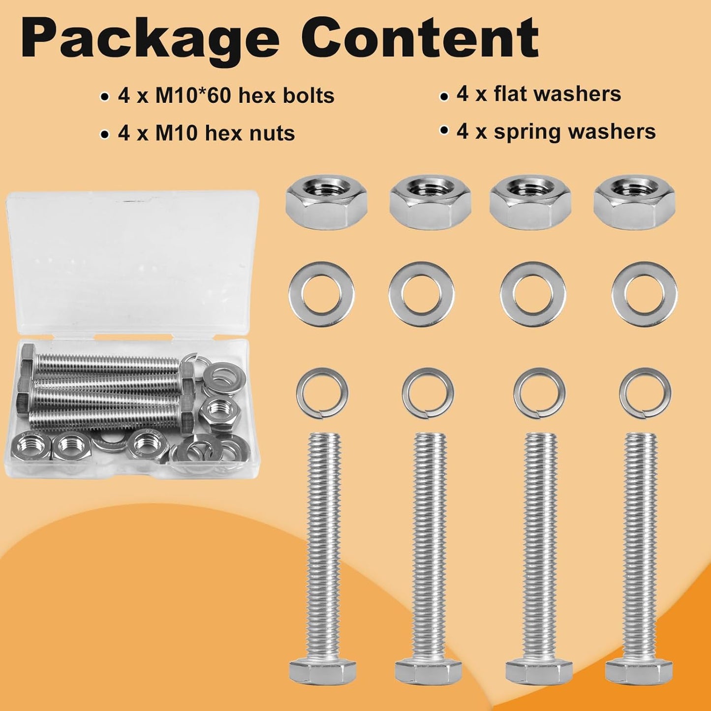 M10 Hex Bolts and Nuts Set, M10x60mm Fully Thread Bolt, M10-1.25mm Hexagon Nut with Flat Washers, Spring Washers 304 Stainless Steel Fastener Set for Caster Wheels Assembly 4 Sets