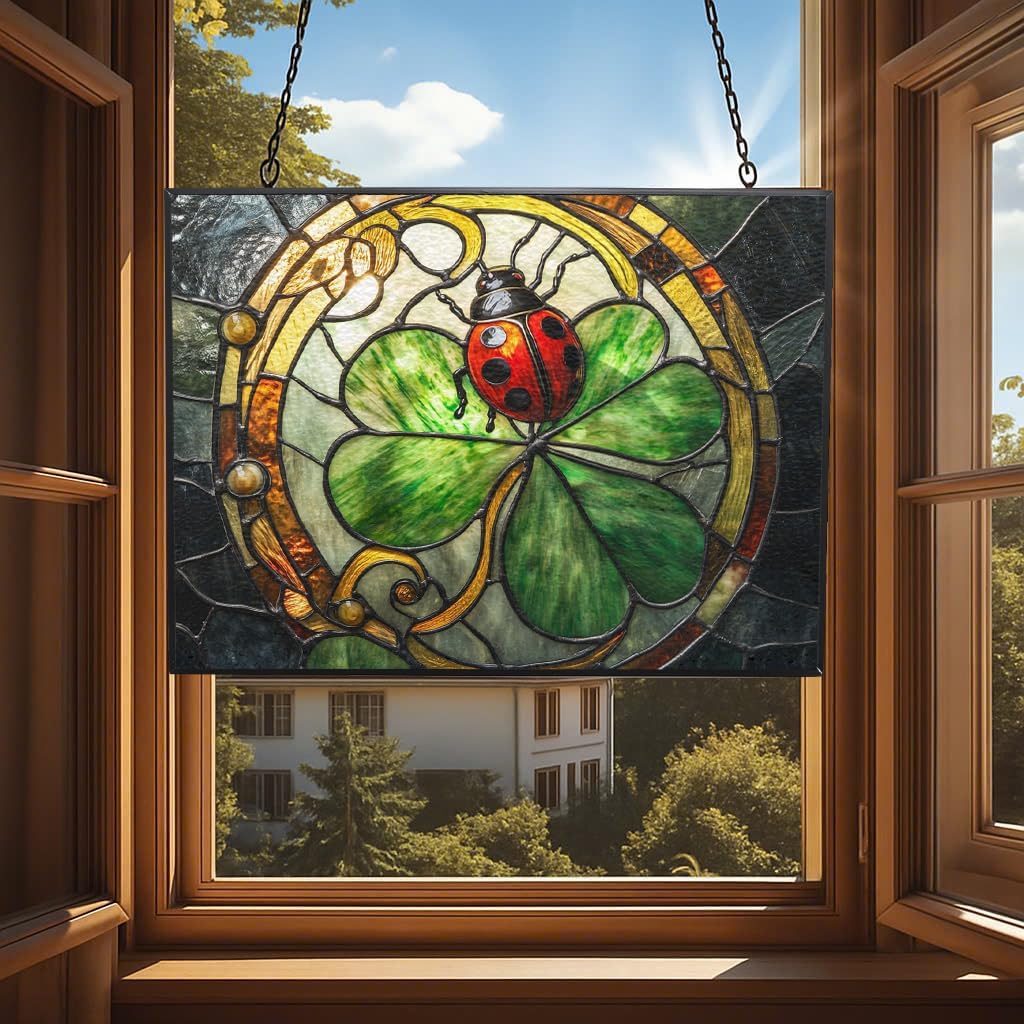 Personalized Rectangle Art Nouveau Ladybug On Clover Suncatcher Stained Glass Window Hangings Sun Catchers Colorful Ornament Gifts for Women Mom Wife Halloween Christmas Housewarming