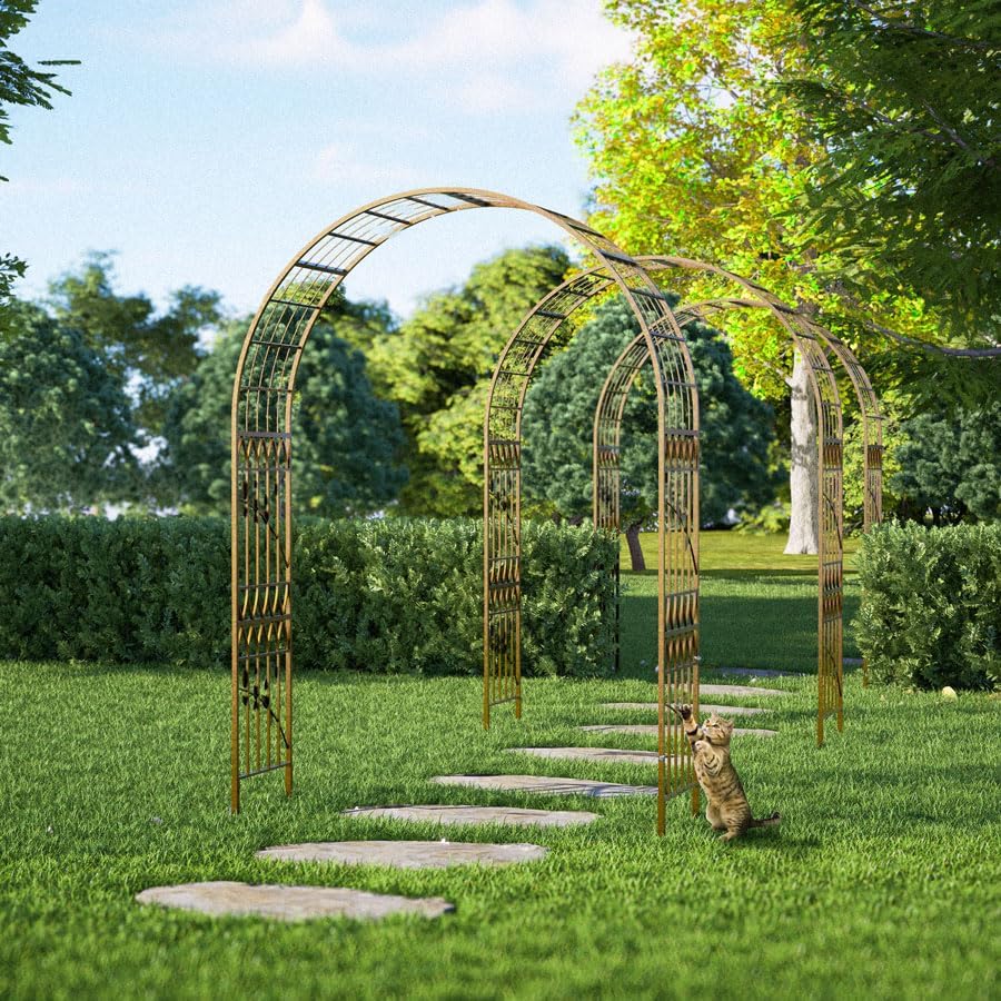 Jardineer Leaf-Patterned Garden Arch Trellis, 70.9W x 104.3H x 20.5D inch, Metal Garden Arbor with Decorative Leaf Design, Rustproof with Extended Thick Ground Stakes (Black)