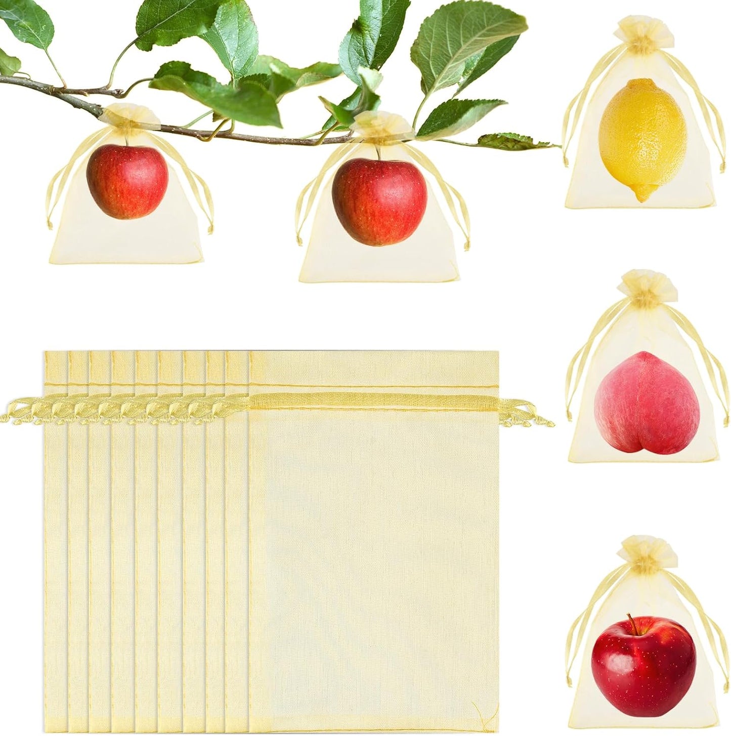 Morcheiong 60Pcs Fruit Protection Bags 8"" x 12"", Reusable Fruit Netting Bags for Fruit Trees, Garden Netting Mesh Bags with Drawstring (Yellow), M1076MCHYB