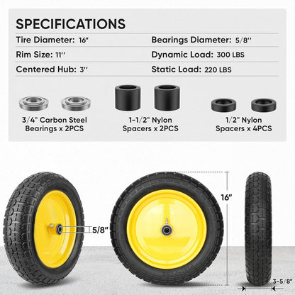 TICONN 4.80/4.00-8 Tire, 16" Flat Free Wheelbarrow Tire and Wheel, Solid Replacement Tires, 5/8" 3/4" Bearings, Universal Fit 4.80/4.00-8, 3.50/3.00-8, 4.00-6 (16" Yellow, 2PK)