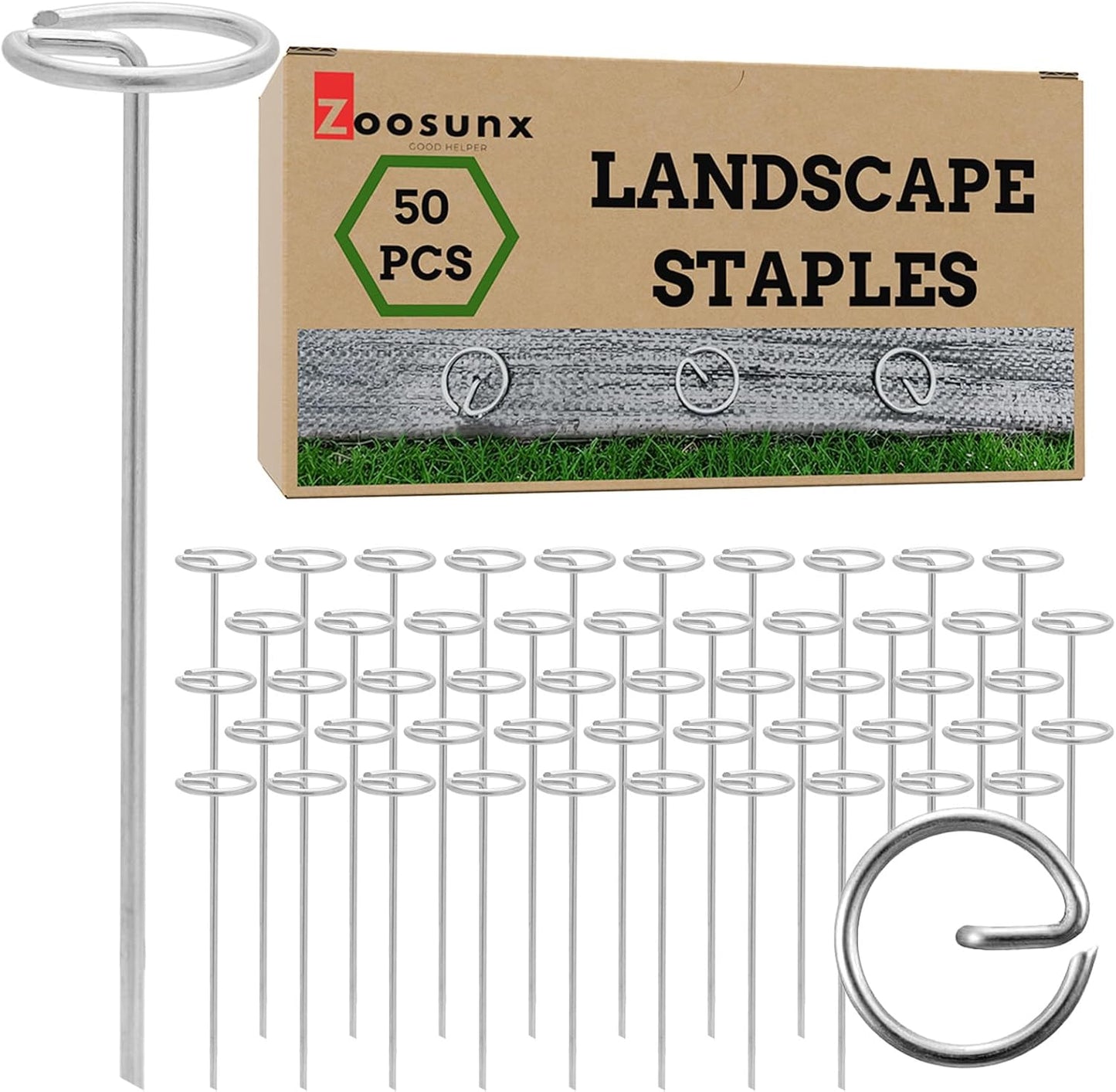 Landscape Fabric Pins 50 Pack - 6 Inch 11 Gauge Galvanized Steel Garden Stakes - Heavy Duty G-Shape Circle Top Ground Anchor Pins for Weed Barrier Fabric, Sod, Tents & Outdoor Securing. (50)