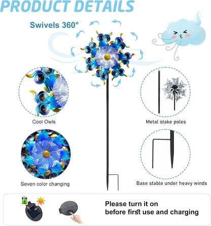 Solar Owls Wind Spinners for Yard and Garden,51 Inch Solar Windmill Seven Color LED Light Whirligig Kinetic Spinner to Scare Birds Decor for Lawn, Patio,Owl Gift Metal Wind Outdoor Sculpture