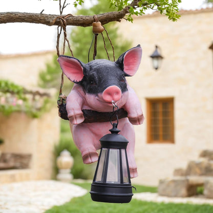 Hanging Pig Garden Lantern, Solar Light Holder, Outdoor Decorative Animal Statue with Rope