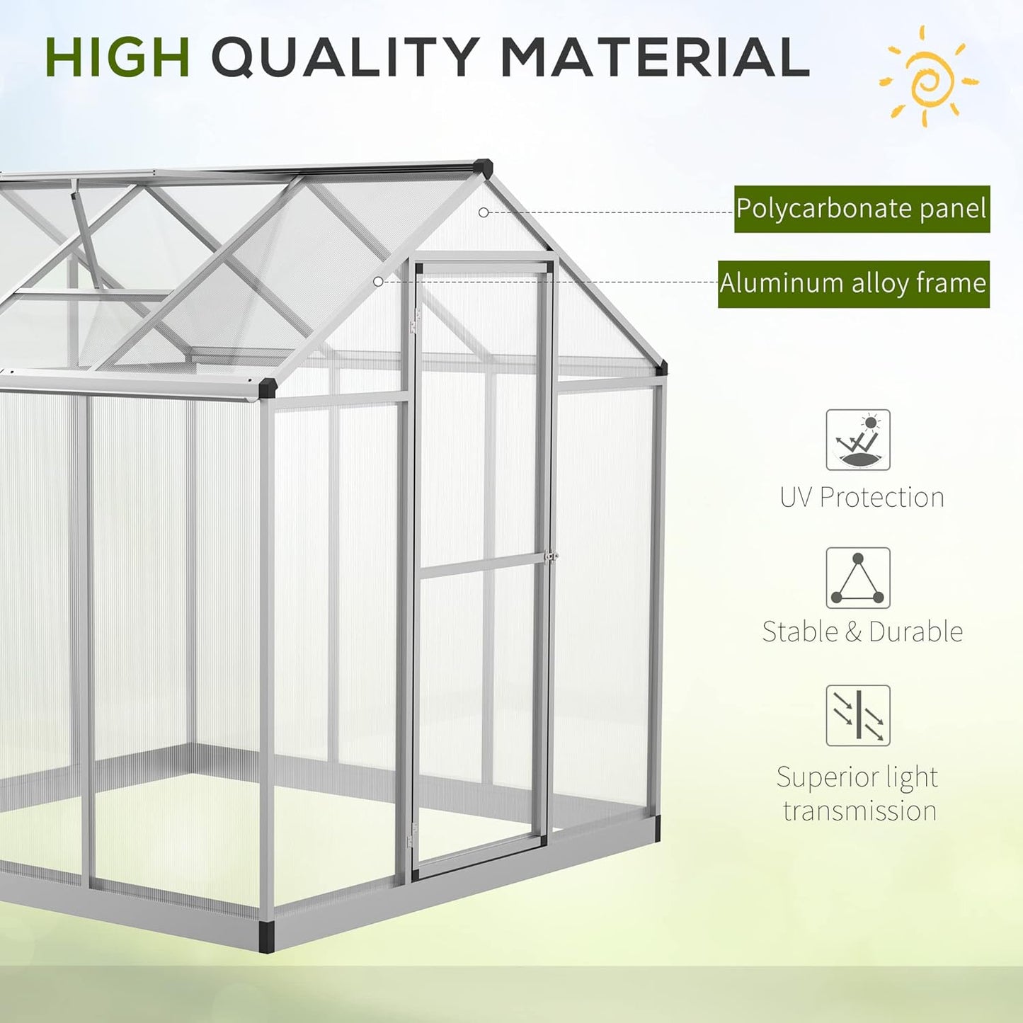 Outsunny 6' x 6' Greenhouse for Outdoors, Polycarbonate Greenhouse with Rain Gutter and Roof Vent, Aluminum Walk-in Green Houses for Outside Patio Backyard Garden