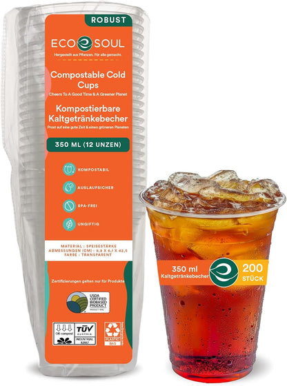 ECO SOUL 100% Clear Compostable Party Cups | (200 Count, 12 oz) | Disposable | Biodegradable | Plant Based Eco-friendly Alternative to Paper & Plastic Cups | For Weddings & Gatherings