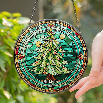 Personalized Stained Glass Christmas Tree Suncatcher, Christmas Handcraft Holiday Ornament with Name and Number, Gift for Family or Friend, Gift for Décor