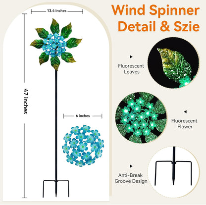 Solar Glow Garden Wind Spinner Outdoor, 13" W Flower Metal Wind Spinner & Sculptures with Fluorescent Coating, Kinetic Windmill for Yard Lawn Patio Decor, Blue