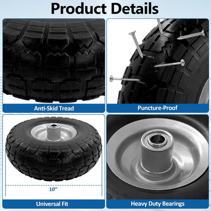 10-Inch 4.10/3.50-4 Tire and Wheel Flat Free, Heavy Duty Solid Replacement Tire with 5/8" Bearings, for Wheelbarrows Hand Trucks Dollies Trolleys Generators, (2-Pack) (Gray)