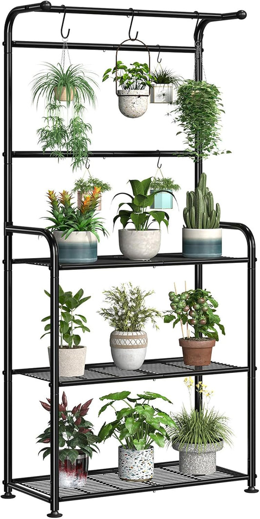 Plant Stand Outdoor Indoor, Metal 3 Tiered Tall Hanging Plant Shelf Heavy Duty for Multiple Flower Planter Holder 67" Large Rack for Living Room Garden Balcony, Black