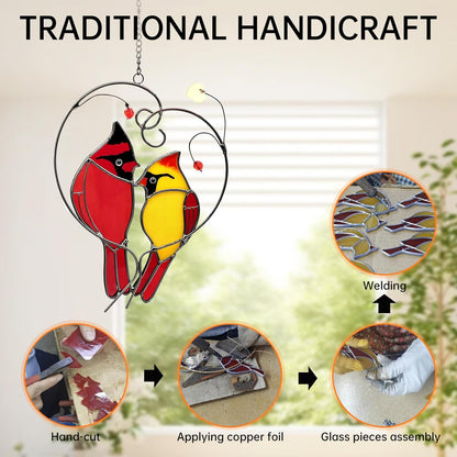 Cardinal Suncatchers Stained Glass for Windows Hangings,Male & Female Cardinal Stained Glass Sun Catchers, Red Love Birds Home Ornament,Gifts for Women