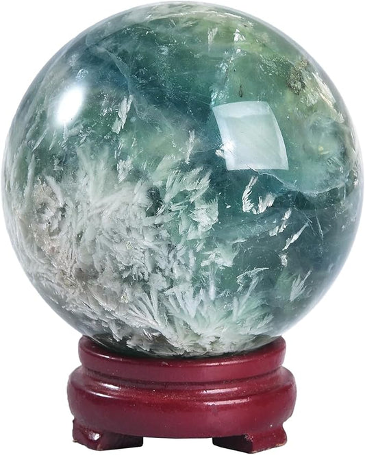 JIC Gem 3.1-3.5 inch(80-90mm) Large Crystal Ball Feather Fluorite Healing Crystals Sphere with Wooden Stand Meditation Home Decor