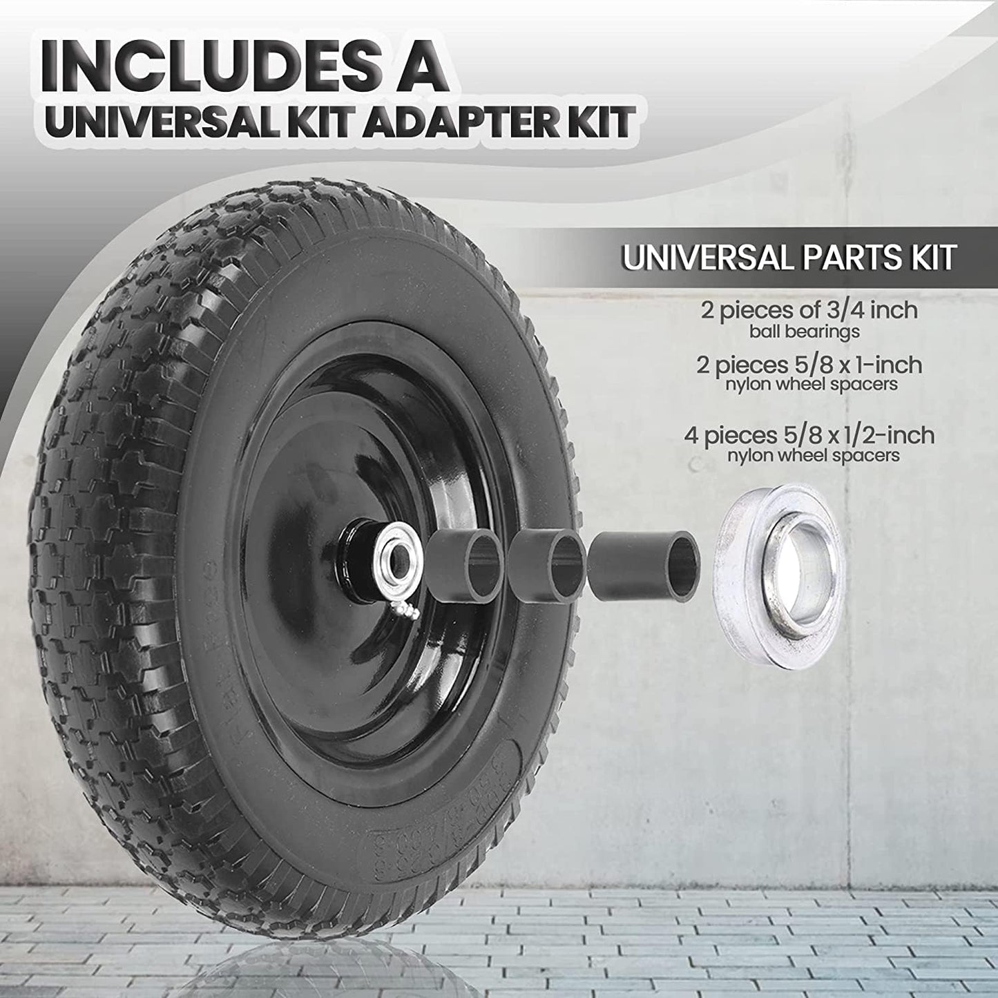 (2-PACK) 4.80/4.00-8" Flat Free Tire and Wheel - Universal Fit 14.5" Solid Wheelbarrow Tires with 3" Hub and 5/8" Bearings – Extra Adapter kit includes 3/4" Ball Bearings, 1" and 1/2" Nylon Spacers