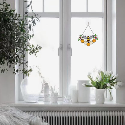 Bee Decor Stained Glass Window Hanging,Honeybee Honeycomb with Flowers Suncatcher for Window,Wall Art Ornaments,Birthday Gifts for Women,Friends,Housewarming Gift