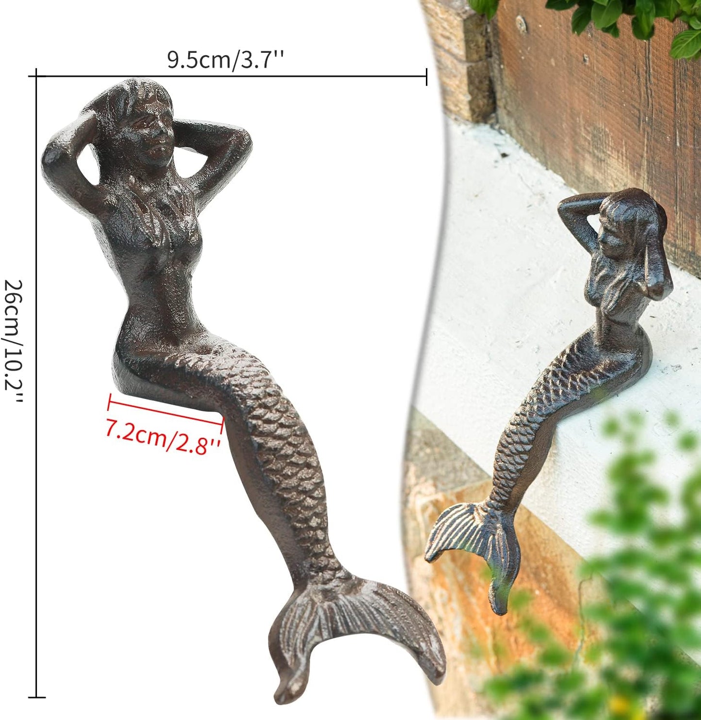 Sungmor Heavy Duty Cast Iron Mermaid Statue - 26CM Tall Sitting Mermaid Figure Ornament - Great Home & Garden Sculpture for Decorate Swimming Pool/Pond/Planter Stands/Book Shelf/Corner Table