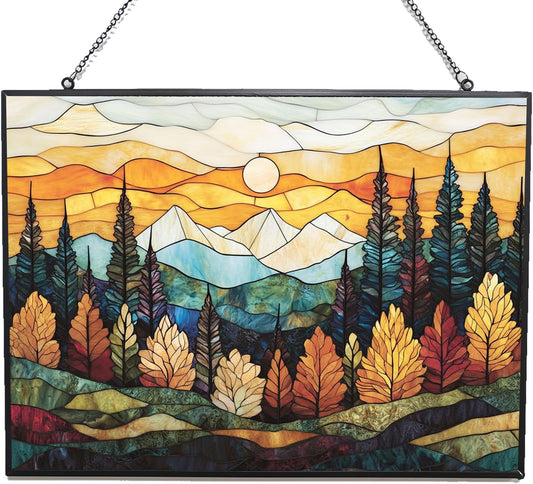 Rectangle Boho Mountain Trees Stained Glass Sun Catcher, Wall Hanging Colored Decor Room Outdoor Window Decor, Halloween, Christmas Hanging Ornament Mother Day