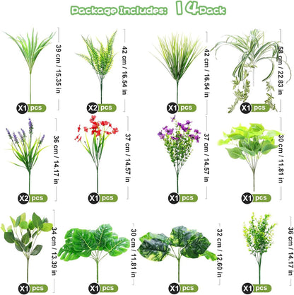 14 Bundles Artificial Plants Outdoor UV Resistant, Fake Greenery Plant Flower, Faux Boxwood Boston Fern Shrubs Bushes with Plastic Stems & Flowers for Garden, Porch, Planter, Patio, Xmas Decor