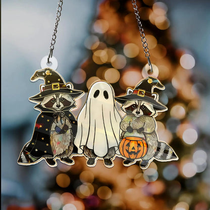 Halloween Sun Catcher for Window Hanging Raccoon Ghost Designs Acrylic Suncatcher Decor for Wall Home, Garden, Housewarming Women Neighbor Party Spooky Gifts7.87inch