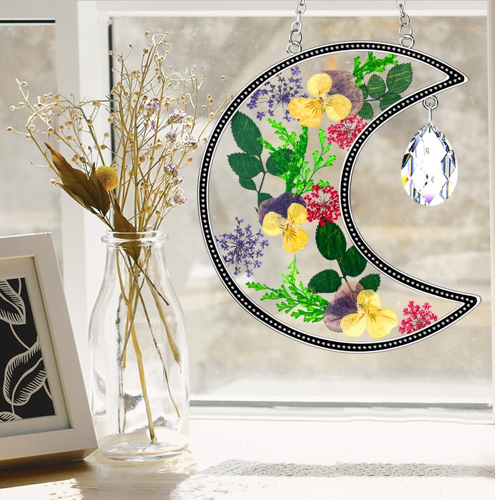 KY&BOSAM Moon Suncatcher Gifts for Mom Family Friends Stained Glass Suncatchers for Windows Hangings Wind Chimes with Real Flower Colorful Crystal Outdoor for Garden Indoor Home Christmas Trees Decor