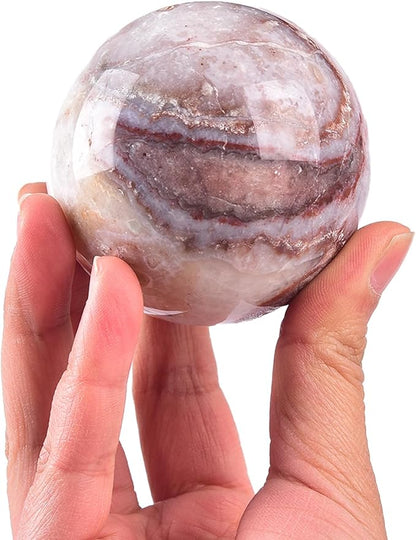 JIC Gem Natural Striped Agate Crystal Sphere Healing Crystal Decorative Ball with Wooden Stand Meditation Balls for Witchcraft Reiki Gift 50-60mm