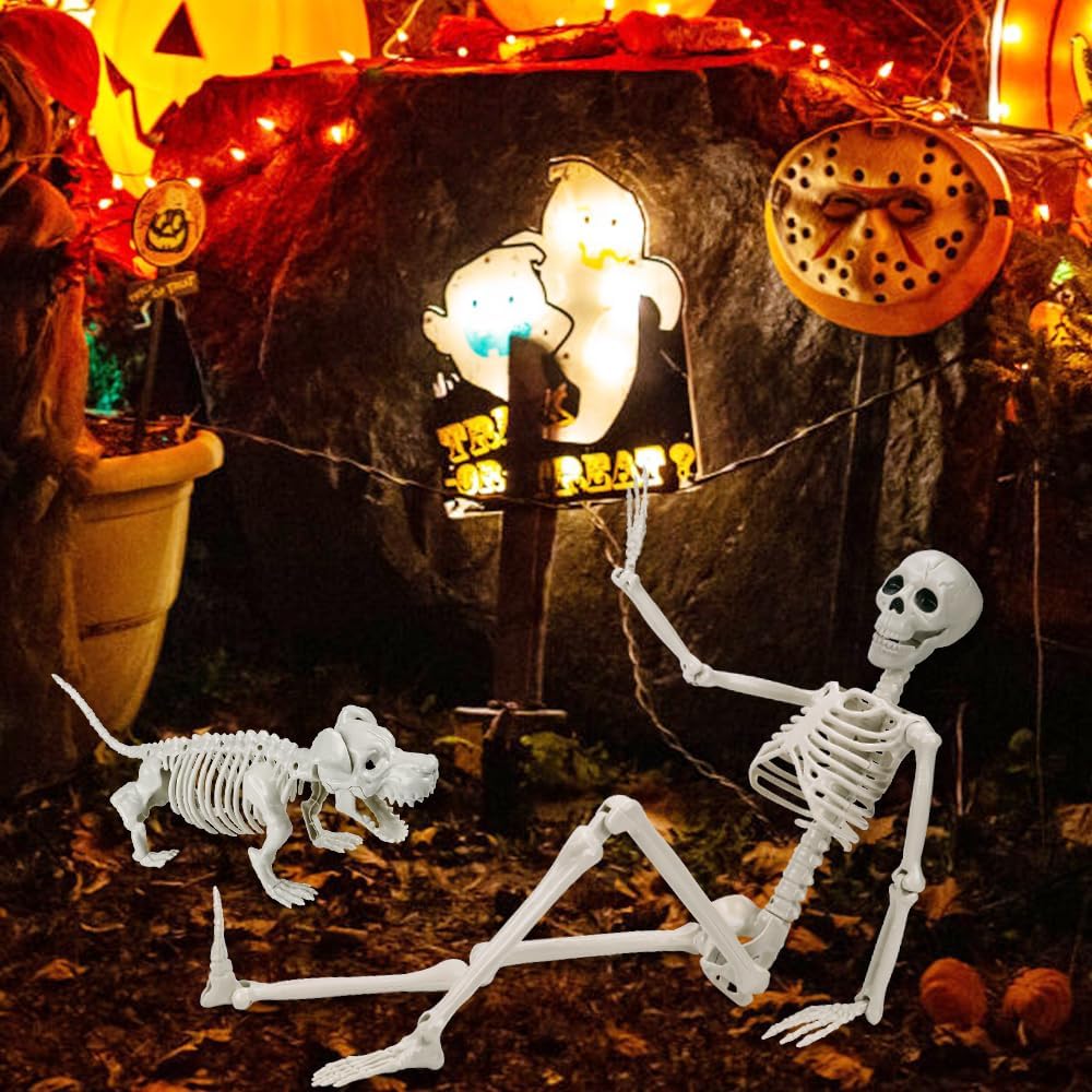 YUJUN 36'' Halloween Skeleton Decoration with Dog Skeleton, 3ft Full Body Posable Skeleton Realistic Plastic Bones Movable Joints for Halloween Party Yard Haunted House Props Indoor Outdoor Decor