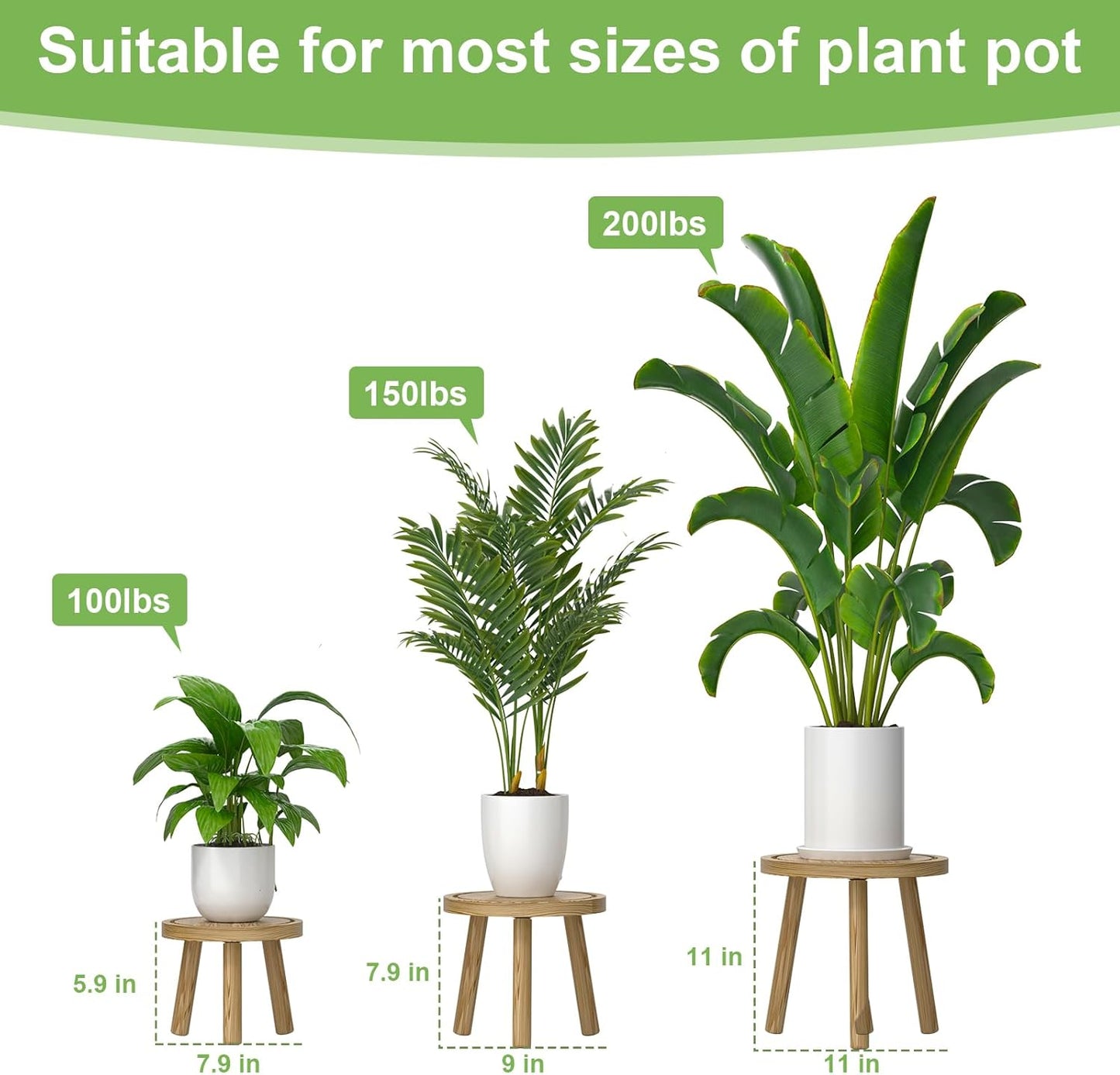 3-Pack Wood Plant Stands Indoor, Single Plant Stand for 6-12 Inch Pots, Mid-Century Modern Plant Stool, Tall Plant Stand for Large Plants for Living Room, Balcony, Office (Light Brown
