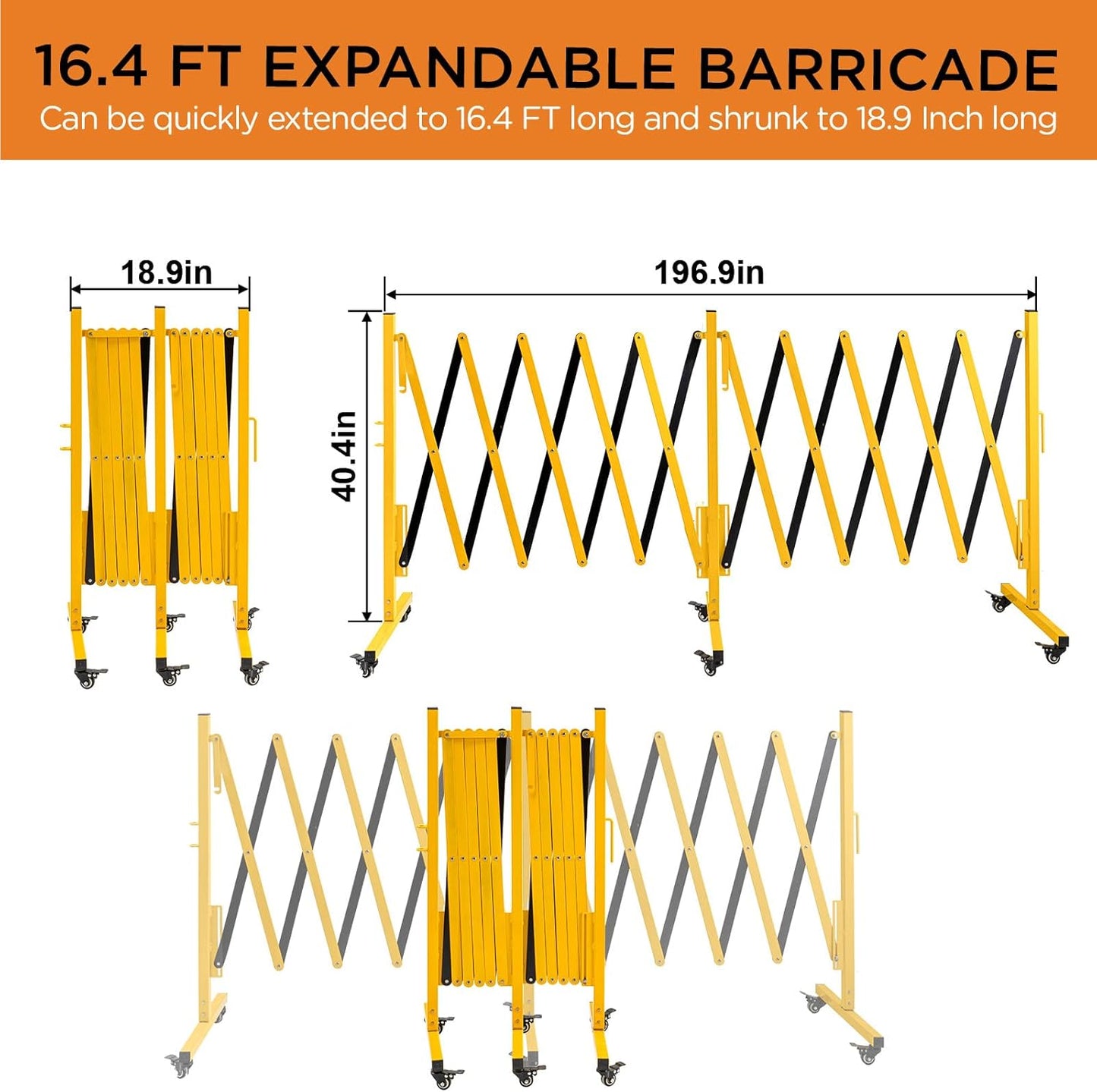 TECSPACE Industrial Expandable Metal Barricade, Expansion Size 16.4 FT, Yellow and Black,Durable Steel Safety Barricade with casters, Flexible Mobile Barrier Gate, Adjustable Traffic Fence