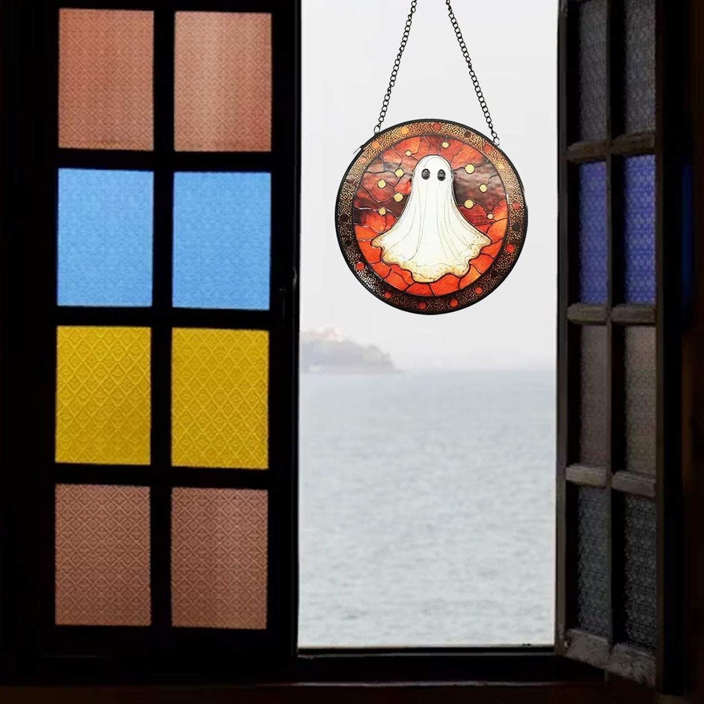 6.3 Inch Stained Glass Window Hanging, Stained Glass Suncatcher with Metal Chain, Handmade Sun Catcher Decoration for Window Garden Home Christmas & Birthday Gifts Holloween Gifts