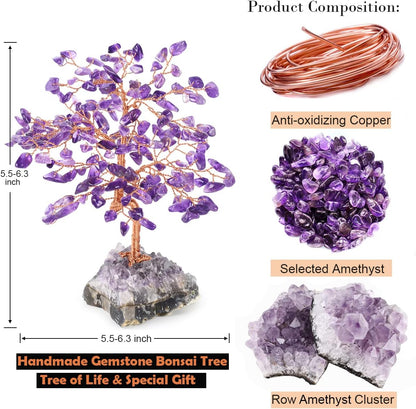 Natural Amethyst Crystal Tree of Life with Amethyst Geode Cluster,Bonsai Feng Shui Money Tree,Chakra Balance Healing Crystals Positive Energy Gift 5.5"-6.3"