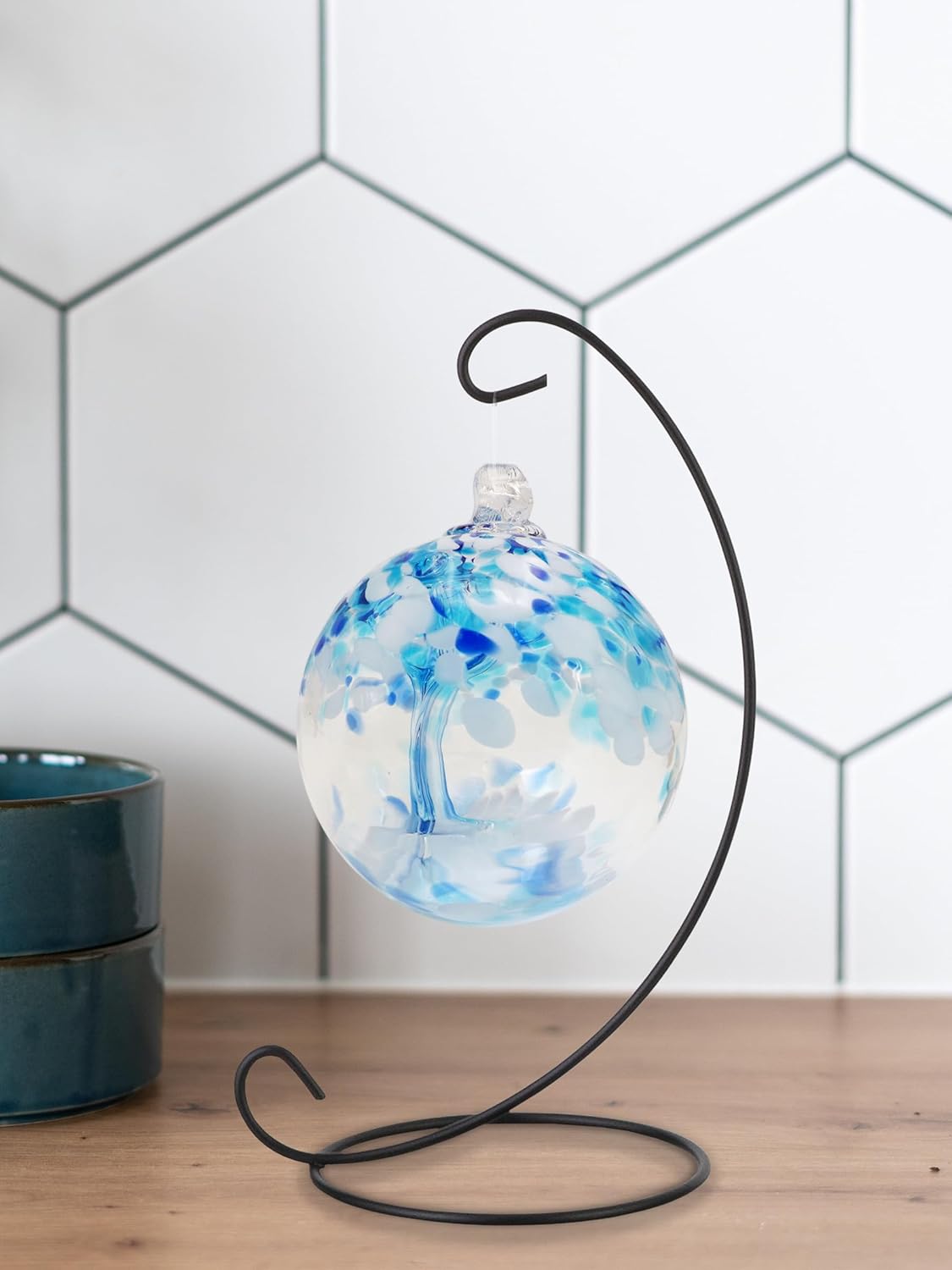 Dale Tiffany AC23215-D3 Rainbow Tree of Life Hand Blown Art Glass Ornament Witch Globe Gazing Ball, Aqua, 3" Diameter with Hanging Stand