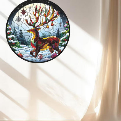 7.87inch Christmas Sun Catcher for Window Hanging with Elk Designs Round Acrylic Hanging Suncatcher for Garden Decor ，Wall Home, Kitchen, Housewarming Women Neighbor Winter Xmas Decor Gifts