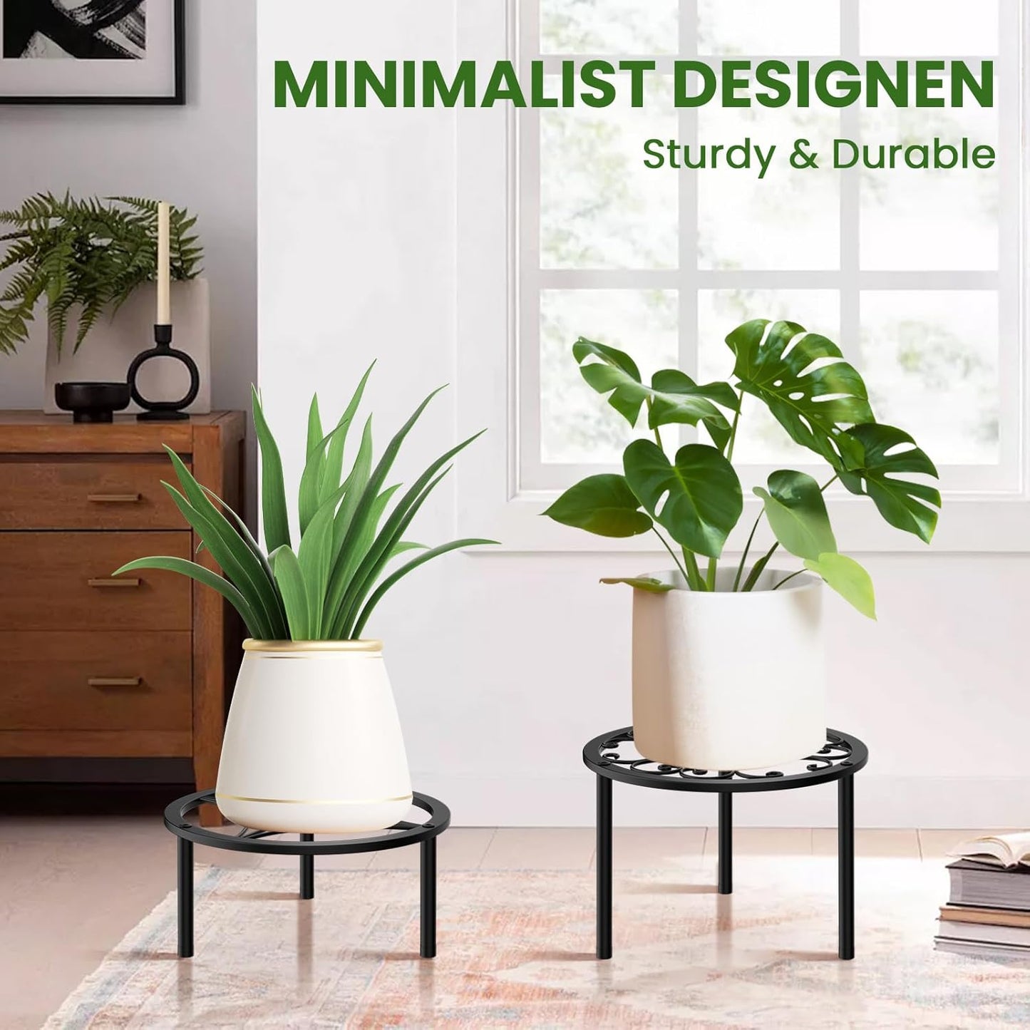 TOSKING Heavy Duty Metal Plant Stand - 9-inch Round Tray with Geometric Pattern, Adjustable Leveling Feet & Rust-Resistant Finish for Indoor/Outdoor Use