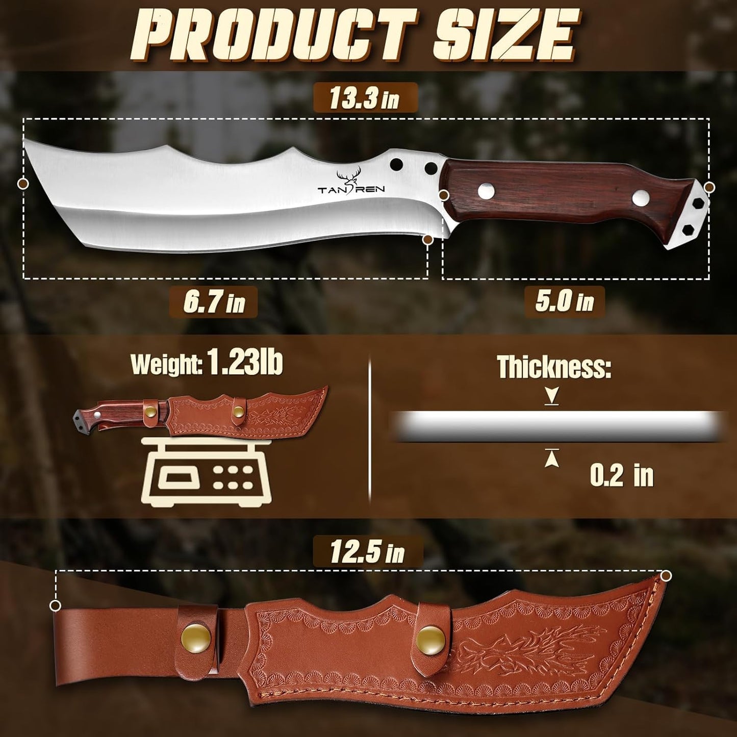 TAN REN Machete for Cutting Trees Heavy Duty, Survival Machete with Sheath for Yard Work, Full Tang Fixed Blade Knife with Wood Handle, Camping Machetes Heavy Duty, Clearing Brush and Gardening