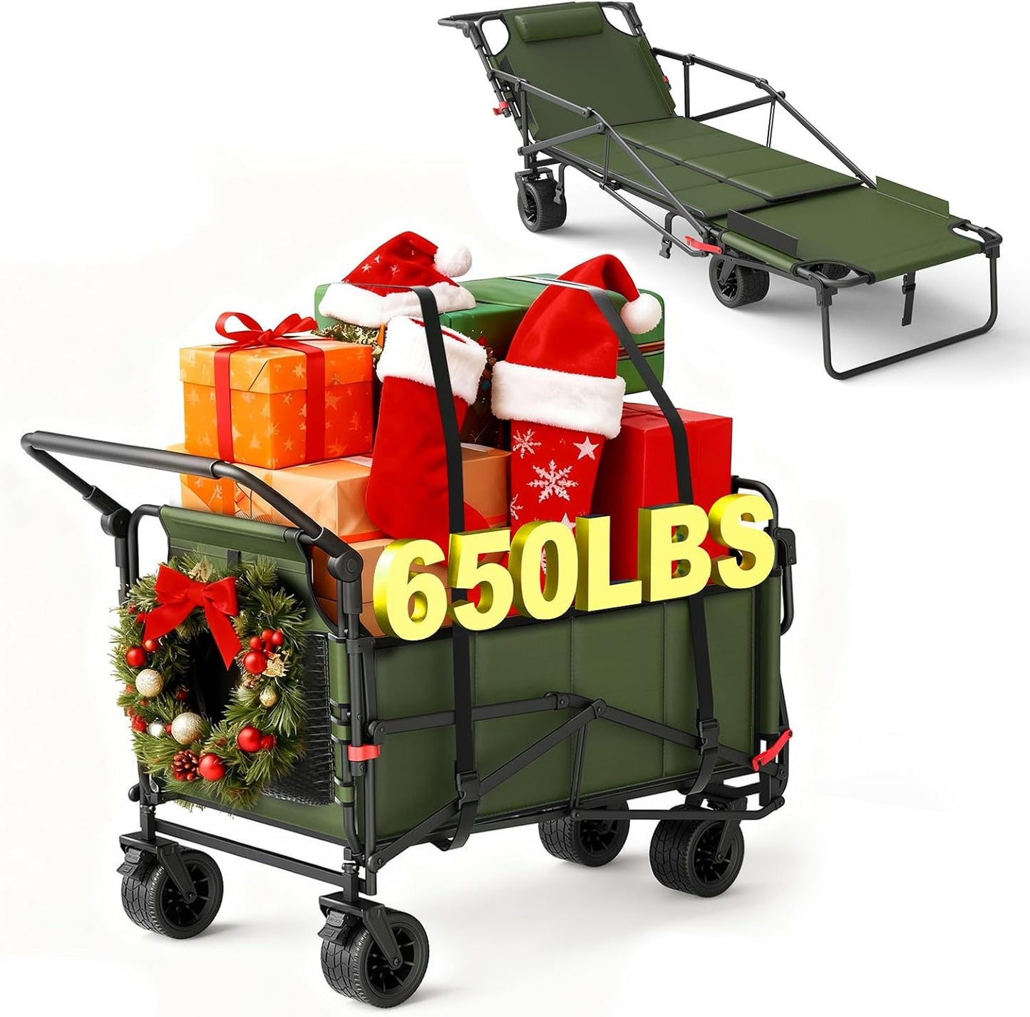 LEVELEVE Heavy Duty Folding Wagon - 2-in-1 Collapsible Cart, 650lb Capacity, All-Terrain Wheels w/Brakes & Side Pockets (Army Green)