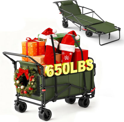LEVELEVE Heavy Duty Folding Wagon - 2-in-1 Collapsible Cart, 650lb Capacity, All-Terrain Wheels w/Brakes & Side Pockets (Army Green)
