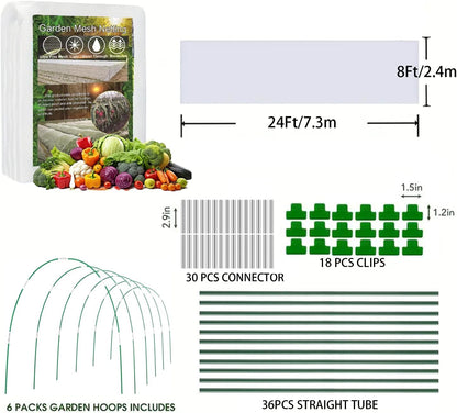 Garden Hoops and Mesh Netting Kit, Ultra Fine,Pest-Proof Cover 36Pcs Garden Tunnel,Plant Covers 8x24 Ft Netting &30 Clips &10Sets of Ground Stakes for Vegetable,Greenhouse Row Cover (Medium)