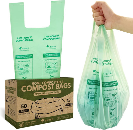 50 Count Compost Bags for Countertop Bin - 13 Gallon Compostable Trash Bags made of Cornstarch