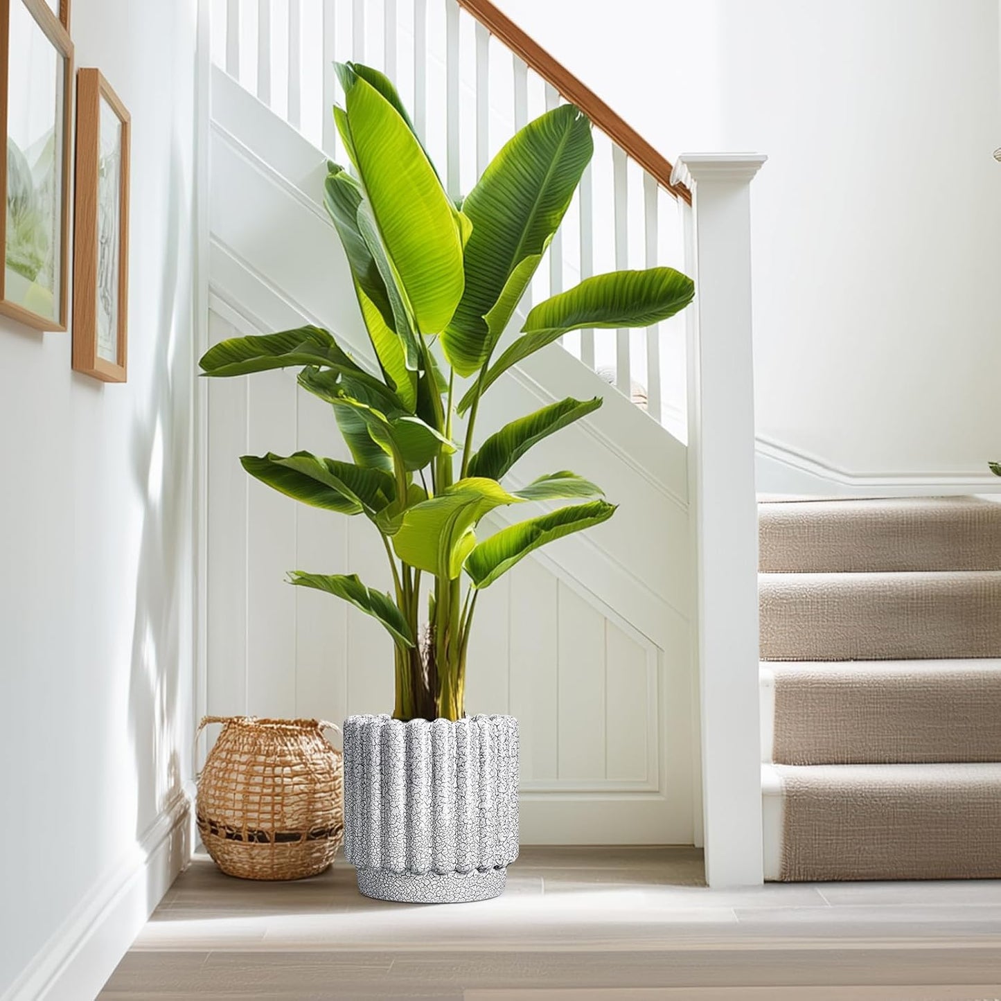 Ceramic Flower Pots - 9.6 Inch Indoor Planter, Decorative Ceramic Plant Pots with Drainage Hole, Fluted Round Large Planter Outdoor, Living Room Decor, Gifts for Women Men, Black and White